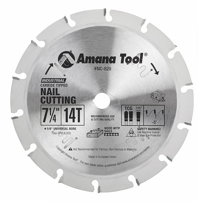 NC-820 Carbide Tipped Nail Cutting & Demolition 7-1/4 Inch Dia x 14T 5/8 Bore